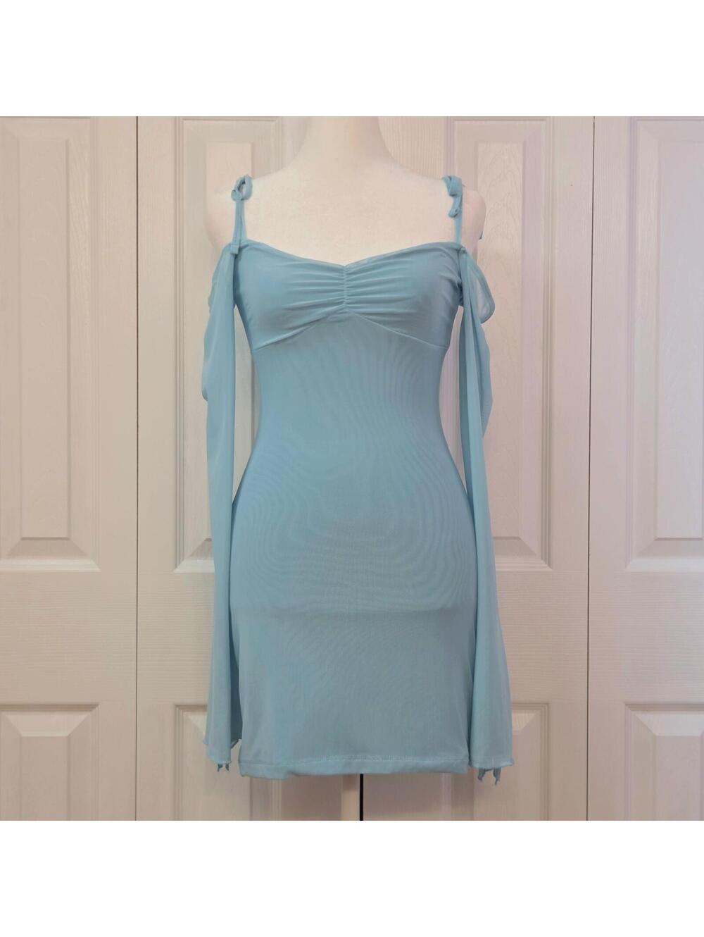 Aqua Blue Flare Sleeve Bodycon Dress XS Y2K Fairy Winx Mermaid Bratz Party Club